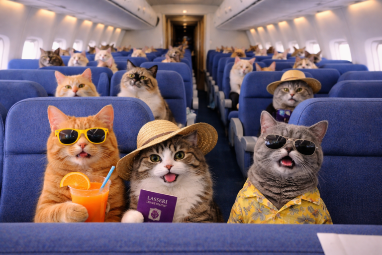 Nun auch Katzen im Urlaubsflieger. (Foto: KI-generiert)